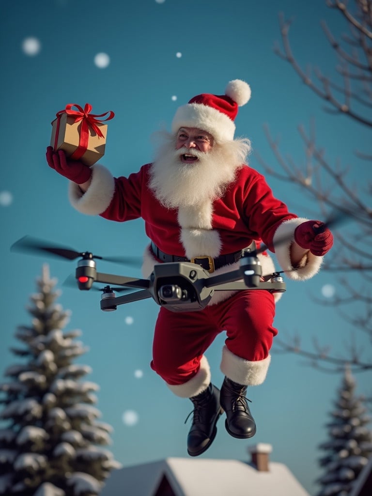 Santa Claus flying in the air on a drone while holding a gift. In a snowy environment with pine trees. Festive scene captures holiday spirit. Joyful image of Christmas.