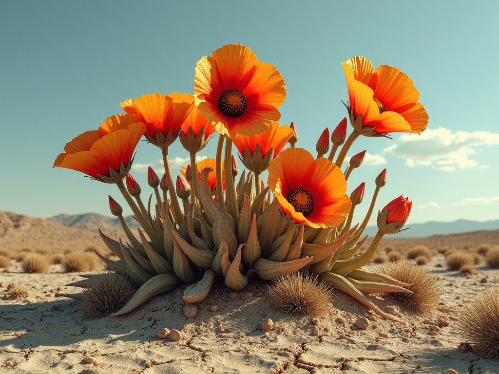 A vibrant cluster of orange desert flowers in a sandy landscape under a clear sky