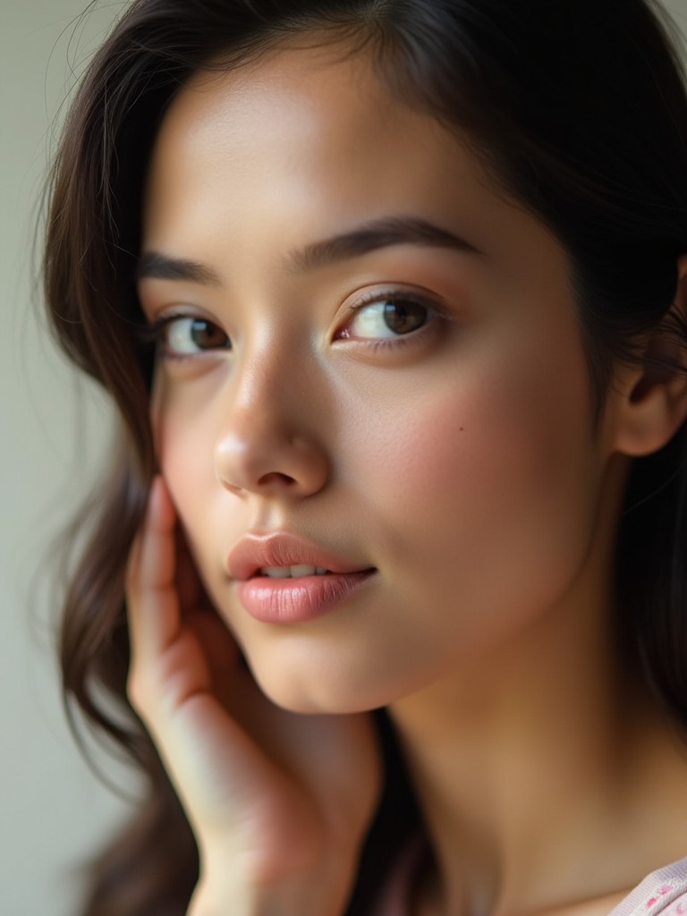 closeup portrait of beautiful woman with soft lighting. Hair is styled elegantly. The background is blurred to enhance focus on the subject. Woman has a serene and inviting expression. Portrait reflects natural beauty and sophistication.