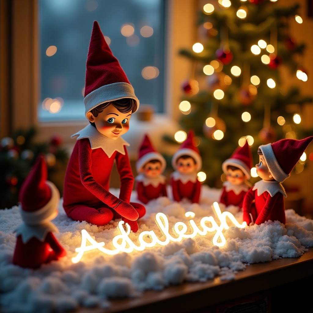 A festive scene with an elf writing the name Adaleigh in snow. Name illuminated with lights in cursive. Smaller elves gather around excitedly. Decorated Christmas tree in the background. Celebrates the holiday spirit and imagination.