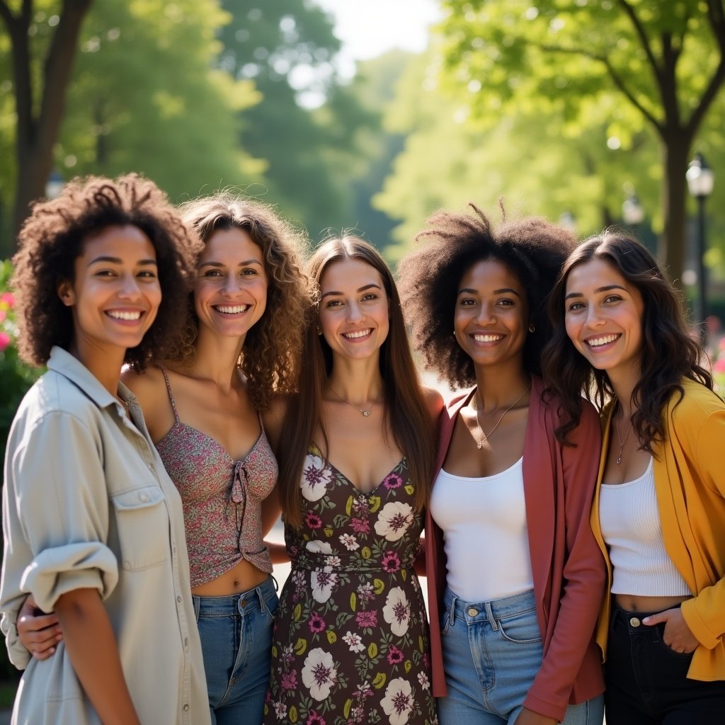 Group of women standing together in a natural setting. They are wearing casual summer clothes. The environment is sunny with greenery in the background.