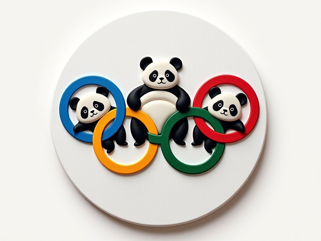 The image features three adorable pandas creatively interacting with a stylized representation of the Olympic rings. The pandas, each positioned over, under, or through a different colored ring, add a playful and whimsical touch to the iconic symbol. The design is simple yet engaging, set on a plain white background that emphasizes the colors and shapes of the subjects.