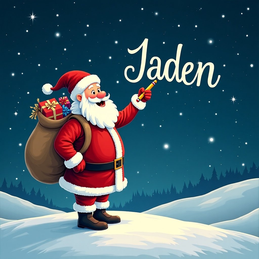 Santa Claus stands on a snowy hill. He is dressed in red and white. A large sack of gifts is on his back. He writes the name 'Jaden' in the starry night sky with a pencil. The scene is festive and whimsical.