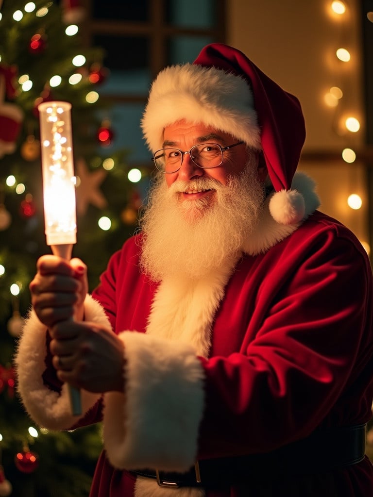 Santa Claus in festive attire holds a glow stick. The glow stick illuminates the surroundings subtly. The scene conveys a warm and inviting atmosphere with Christmas decorations in the background.