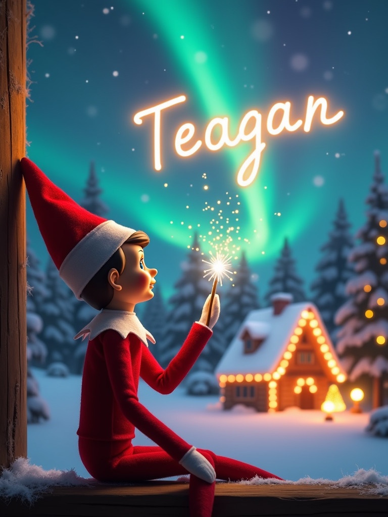 An elf on the shelf sits gazing skyward. It holds a glowing wand emitting sparks. The background features a charming Christmas scene. Colorful northern lights swirl above a cozy house. The ground is covered in snow. The elf embodies the spirit of Christmas magic. The name 'Teagan' is written in the air with the wand.