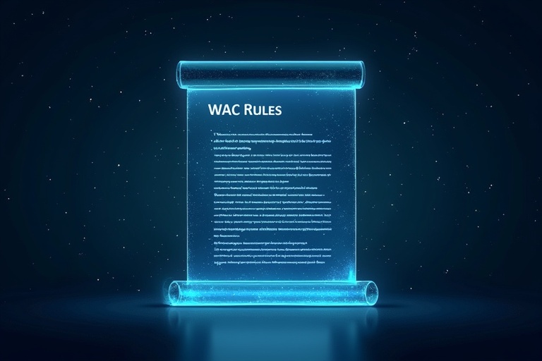 Depict a futuristic digital scroll titled WAC Rules. The scroll is semi-transparent and unrolling. It has 12 glowing lines etched on it. Add a dark blue starry background. Include subtle green and blue light effects around the scroll.