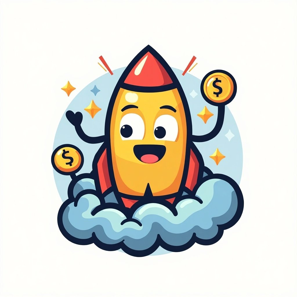 Cartoon character rocket with smiling face. Rocket holds coins in hands. Surrounded by clouds and sparkles. Bright colors and cheerful theme.