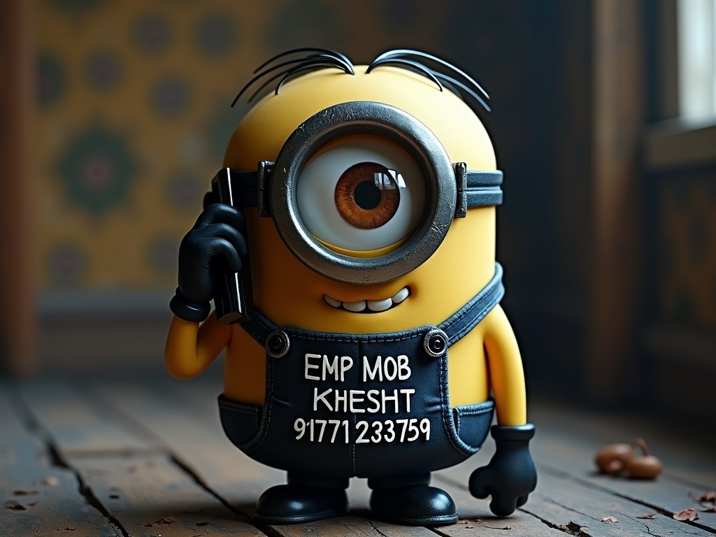 A playful image of a single-eyed yellow minion dressed in a dark jumpsuit, standing on wooden flooring. The minion is holding a black phone to its ear, suggesting a comedic scenario. Its mischievous expression and unique eye gear are highlighted in the warm lighting, creating a humorous and whimsical atmosphere.