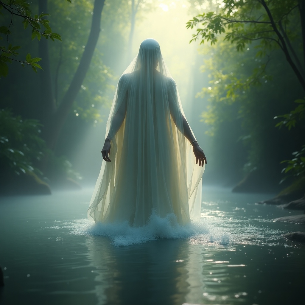 The image depicts a mystical figure rising from the water, embodying an otherworldly presence. Soft morning light filters through the dense forest, creating an ethereal atmosphere. The figure's flowing attire blends with the gentle ripples of the water. Surrounding greenery enhances the serene environment, inviting a sense of tranquility. This scene captures a magical moment that feels both enchanting and mysterious.