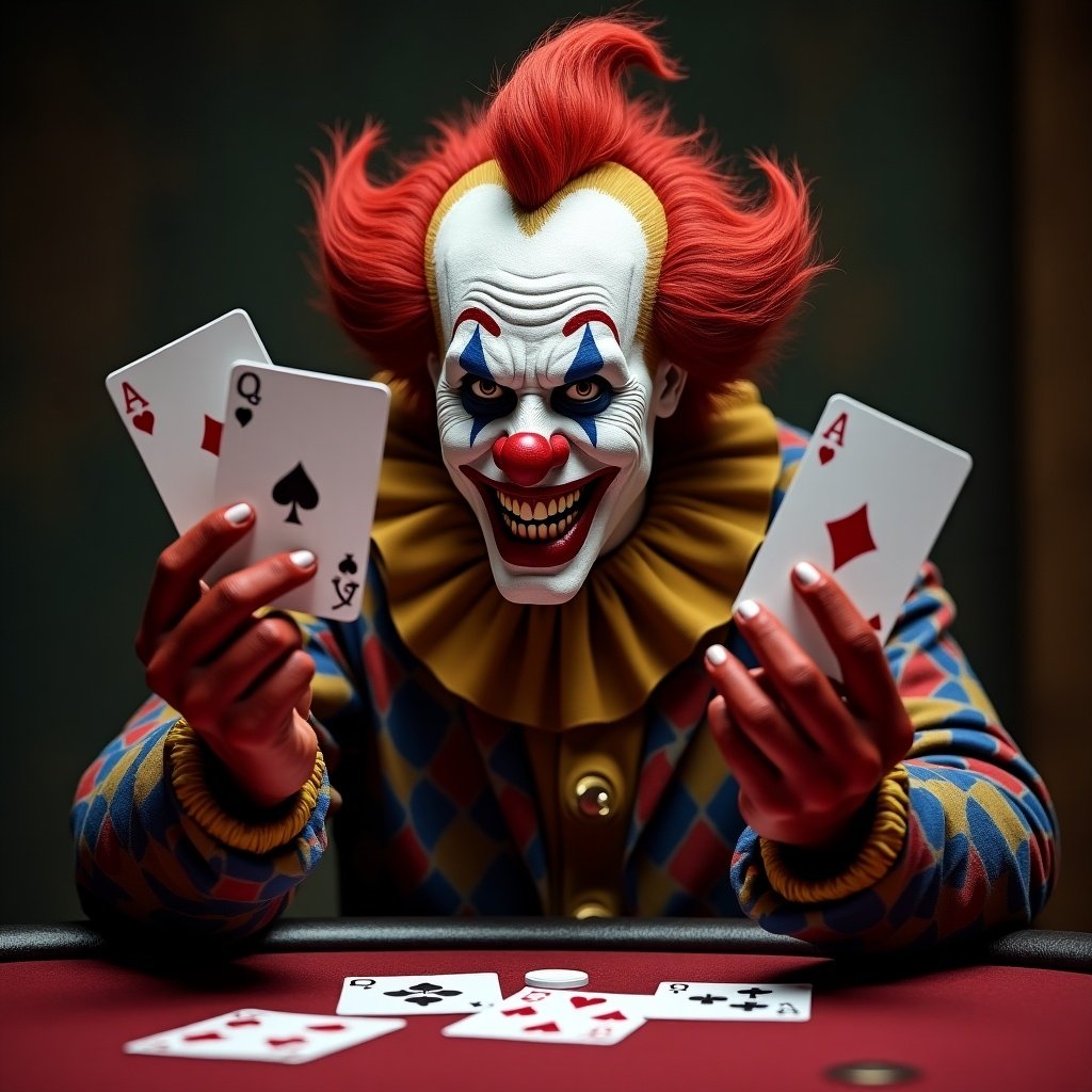 Sinister clown character grins mischievously while holding oversized playing cards at a poker table.