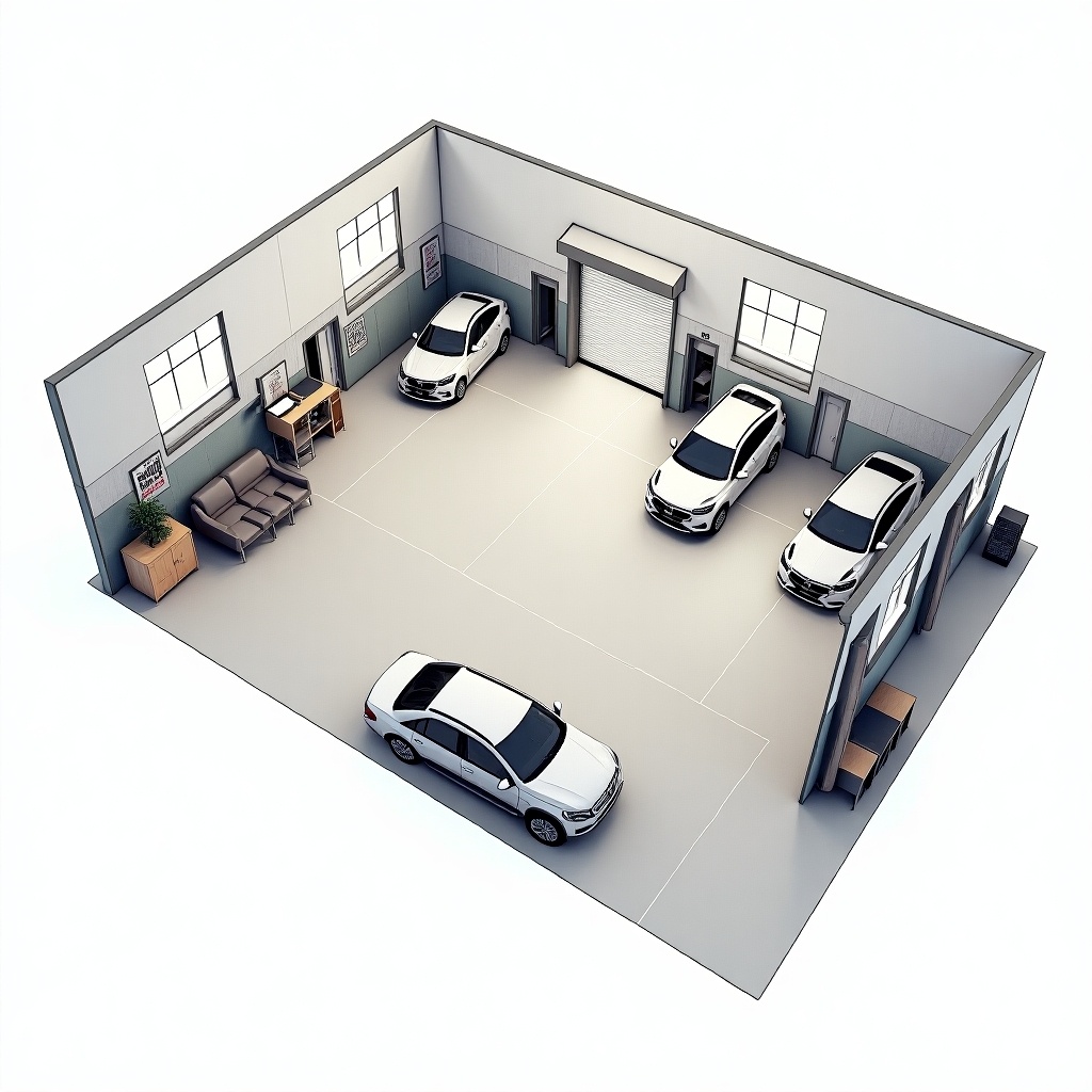 Workshop design includes mechanical bay washing bay detailing bay customer waiting room and office. Three cars parked in mechanical bay. Comfortable seating in waiting area.