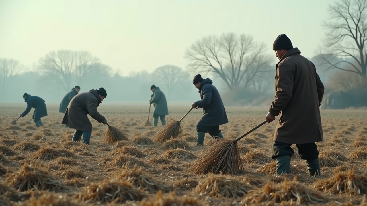 The image depicts a traditional farming scene at the start of winter. Farmers are clad in warm clothing as they finalize their harvests and till the ground. The fields show remnants of crops alongside signs of frost. The tree branches in the background are bare, giving the impression of the colder season. The overall atmosphere is a blend of busyness and tranquility, reflecting the end of the farming year. The muted color palette adds a gentle warmth, contrasting with the cold tone of winter.