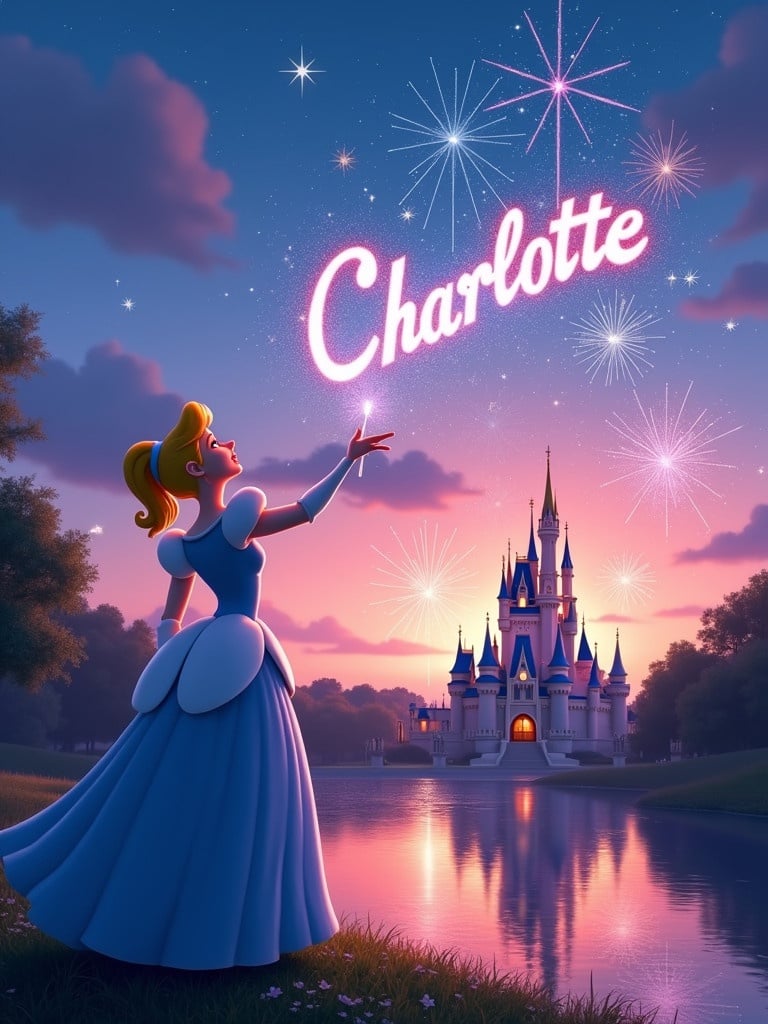 Cinderella looks up holding a star wand. She writes Charlotte in the sky with twinkling stars. Fireworks burst in blue pink and purple hues. A Disney castle stands in the background reflected in a lake. Twilight sets behind the scene.