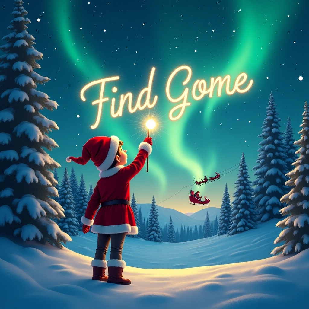 Festive scene with young elf facing away gazing at magical sky. Elf uses wand to write child's name in glowing script. Backdrop shows enchanting northern lights. Landscape features snow-covered trees. Santa Claus flying in his sleigh in the distance. Whimsical and joyful Christmas spirit.