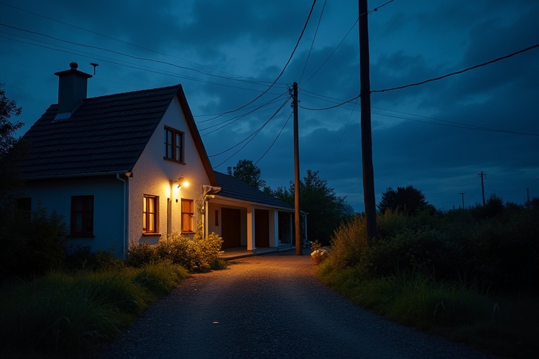 A rural house in Ireland during the night. The house is illuminated by a warm light. A gravel path leads to the house. Power lines stretch above. Dark clouds hover. A serene yet active environment suggests someone is working on wireless connection installation.