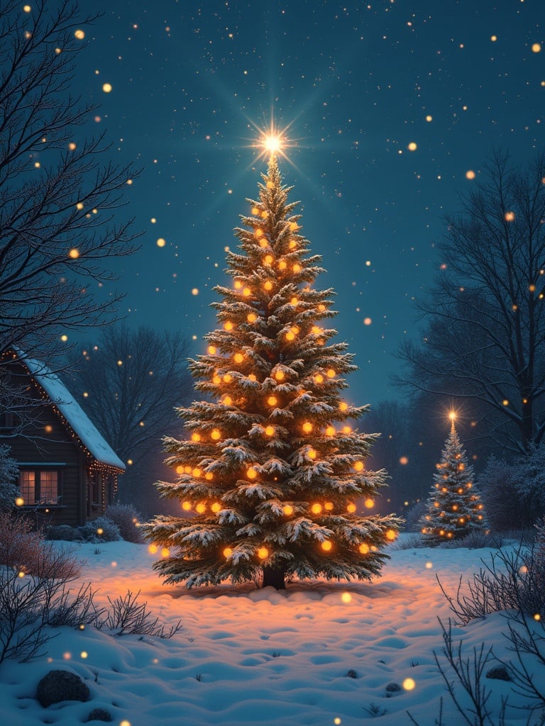 Digital art of a Christmas scene. Snow-covered ground. A beautifully lit Christmas tree in the foreground. Two Christmas trees in the background. Night sky full of stars. Soft glowing lights on the tree.