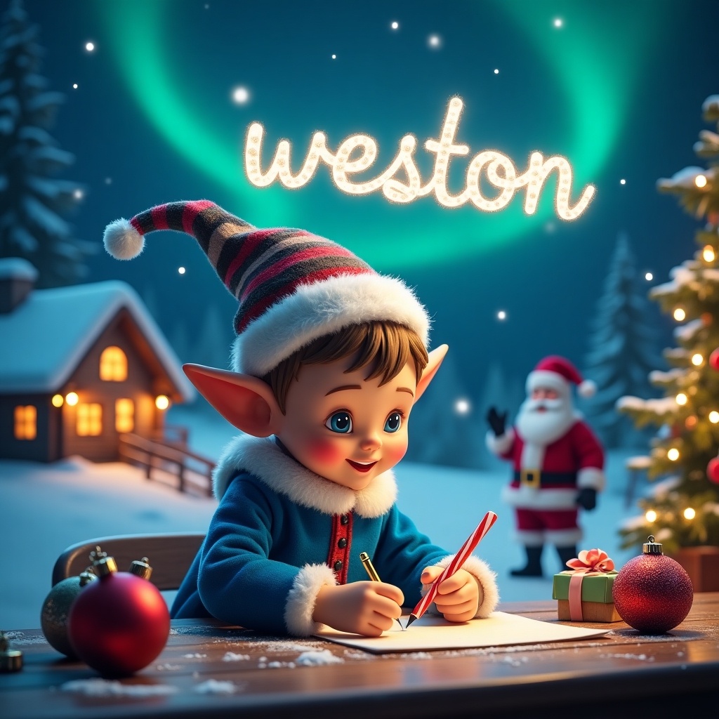 A charming Christmas scene featuring a delightful elf dressed in bright blue attire. The elf is intently writing names on colorful baubles, with a candy cane in one hand and surrounded by festive decorations. Above, the name 'weston' glimmers in the sky against a backdrop of northern lights. Soft snow blankets the ground, and a cozy cabin is visible in the distance. Santa Claus joyfully prepares for the celebrations nearby, adding to the festive atmosphere. A beautifully lit Christmas tree adorned with twinkling lights is also present, intensifying the magical essence of Christmas.