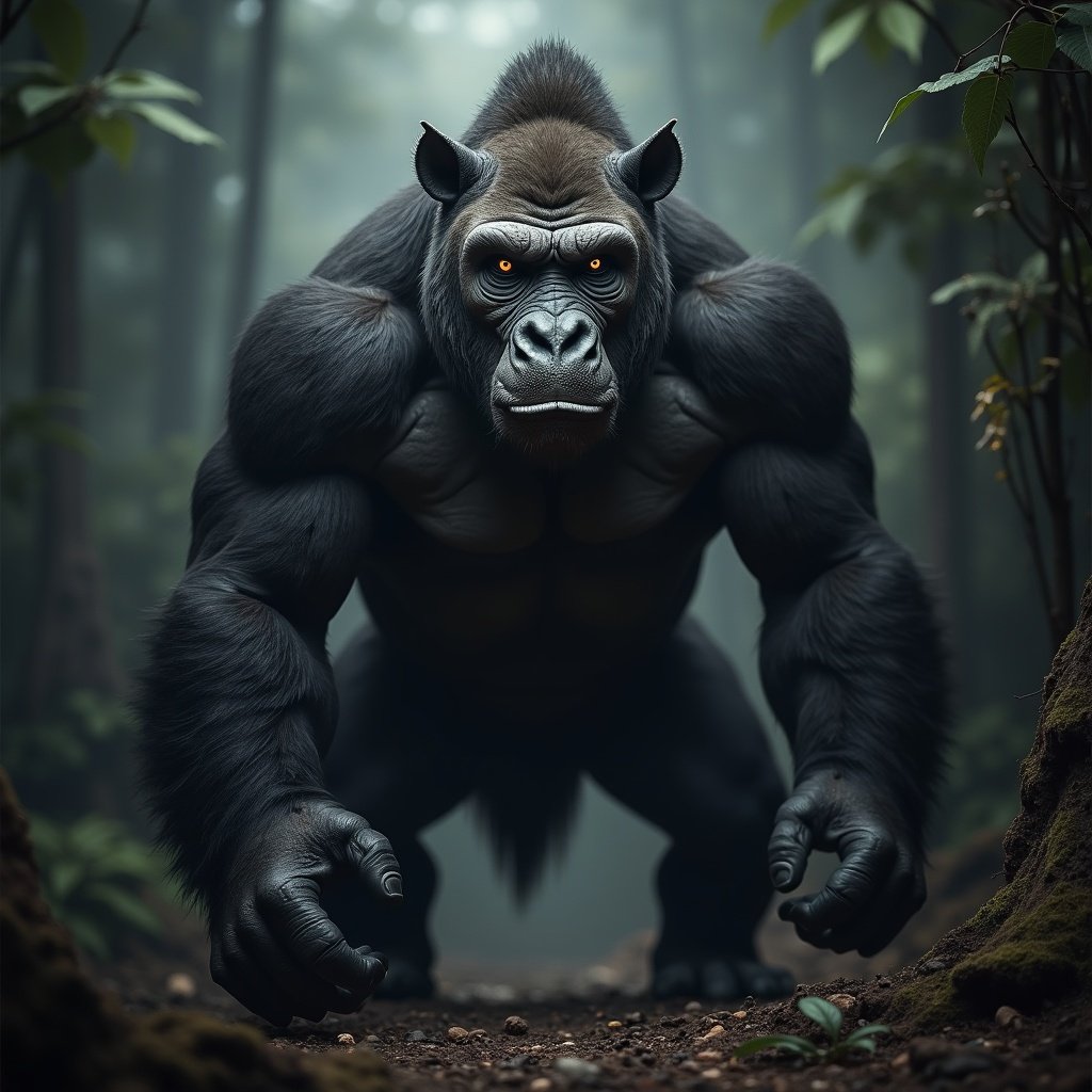 Create a hybrid creature blending gorilla and rhino features. Muscular body fierce expression thick armored skin menacing horn. Face shows fusion intense eyes powerful horn protruding. Dark foreboding background jungle or volcanic area. Ominous atmosphere reflects dangerous nature.