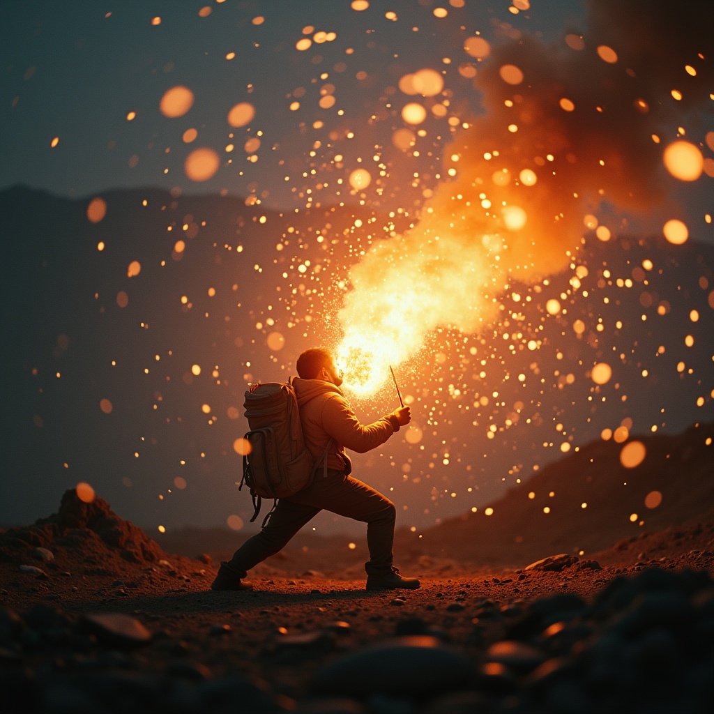 A figure holding a torch emitting flames in a vibrant natural setting. The background shows hills and a dramatic atmosphere.