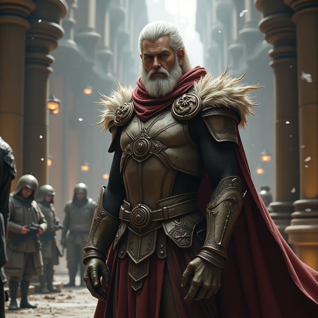 A central armored figure stands in a grand hall surrounded by other characters. The figure has elaborate armor and a red cape. Soft light shines through the architecture creating a mystical feel.