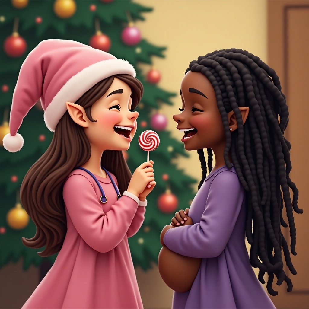 Two elf girls celebrating Christmas in a cozy setting. One girl with long brown hair and pink attire, laughing and holding a lollipop. Another girl with long dreadlocks in purple attire, giggling and holding her stomach.