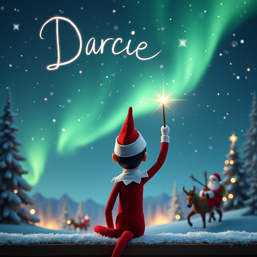 An enchanting Christmas scene featuring an elf on the shelf. The elf is seen from behind, gazing up at the sky as it writes 'Darcie' with a glowing wand. The background showcases a beautiful display of northern lights shimmering in vibrant colors. In the distance, Santa Claus is seen riding a reindeer, adding to the festive atmosphere. Snow-covered trees frame the image, creating a perfect holiday setting that evokes feelings of magic and joy. This whimsical portrayal captures the essence of Christmas and childhood imagination.