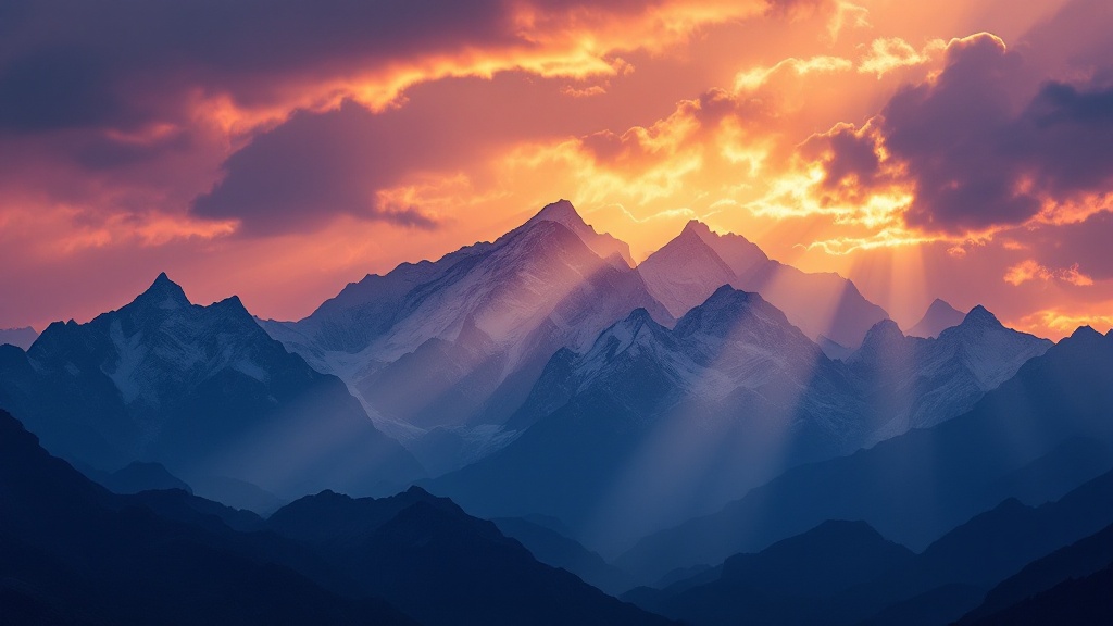 A stunning Himalayan mountains range is silhouetted against a vibrant sunset sky. Dramatic rays of light stream through dark clouds. Scene captures the beauty and majesty of nature.