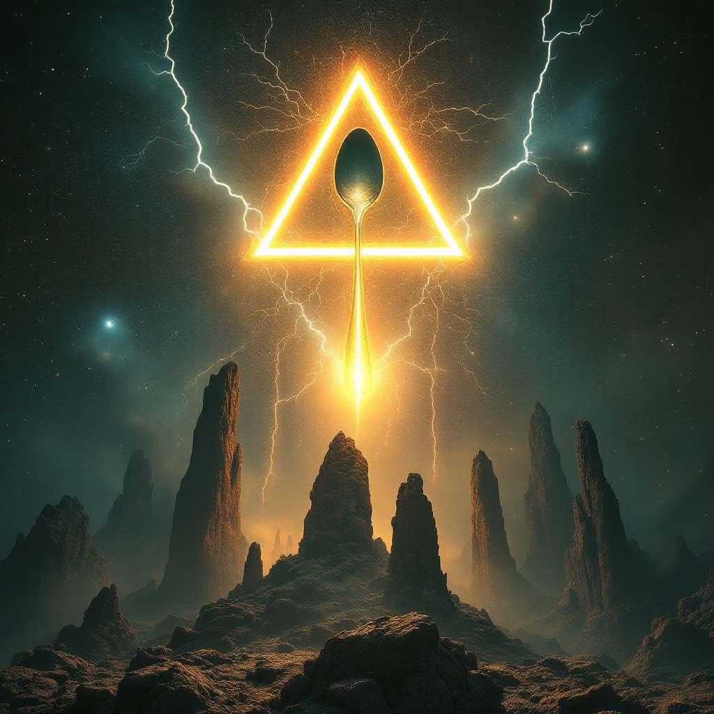 The image is a surreal space rock album cover. It features a mysterious cult symbol, a spoon inside a bright triangle, surrounded by striking lightning bolts. Below, the scene is reminiscent of the Pillars of Creation as seen through the James Webb Space Telescope, showcasing towering rocky formations in a cosmic setting. The overall atmosphere evokes a sense of wonder and trepidation. It suggests exploration and the encounter with the unknown, perfect for a thrilling musical experience. This artwork combines elements of fantasy and science fiction, appealing to fans of both genres.