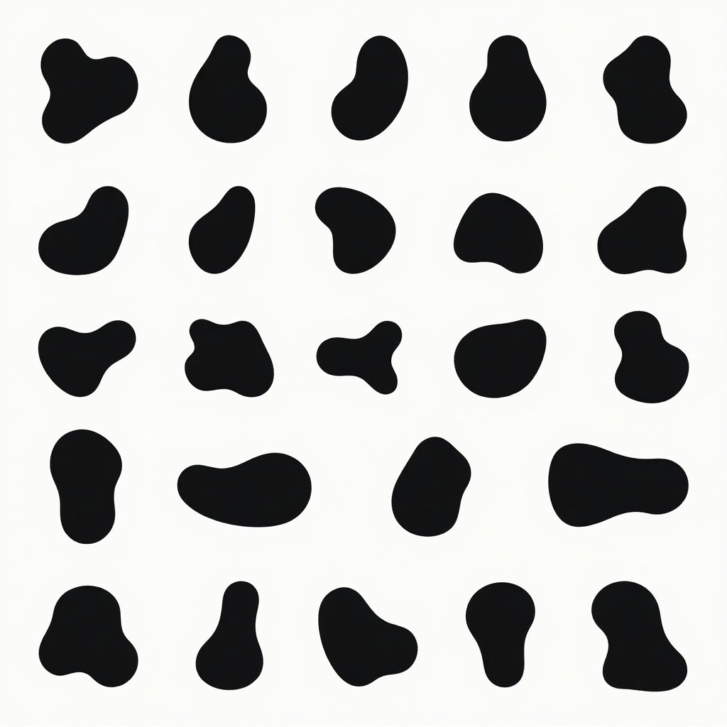 Image showcases a collection of fluid shapes in black color. Each shape varies in form with a modern design aesthetic. Background is white enhancing the visibility of the shapes. Suitable for various design projects including backgrounds and textures.