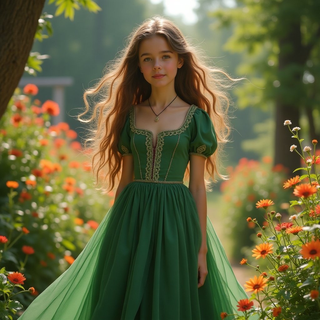 A teenage girl wears a flowing green gown in a lush garden. Soft brown hair gently blown by the wind. Surrounded by vibrant flowers.