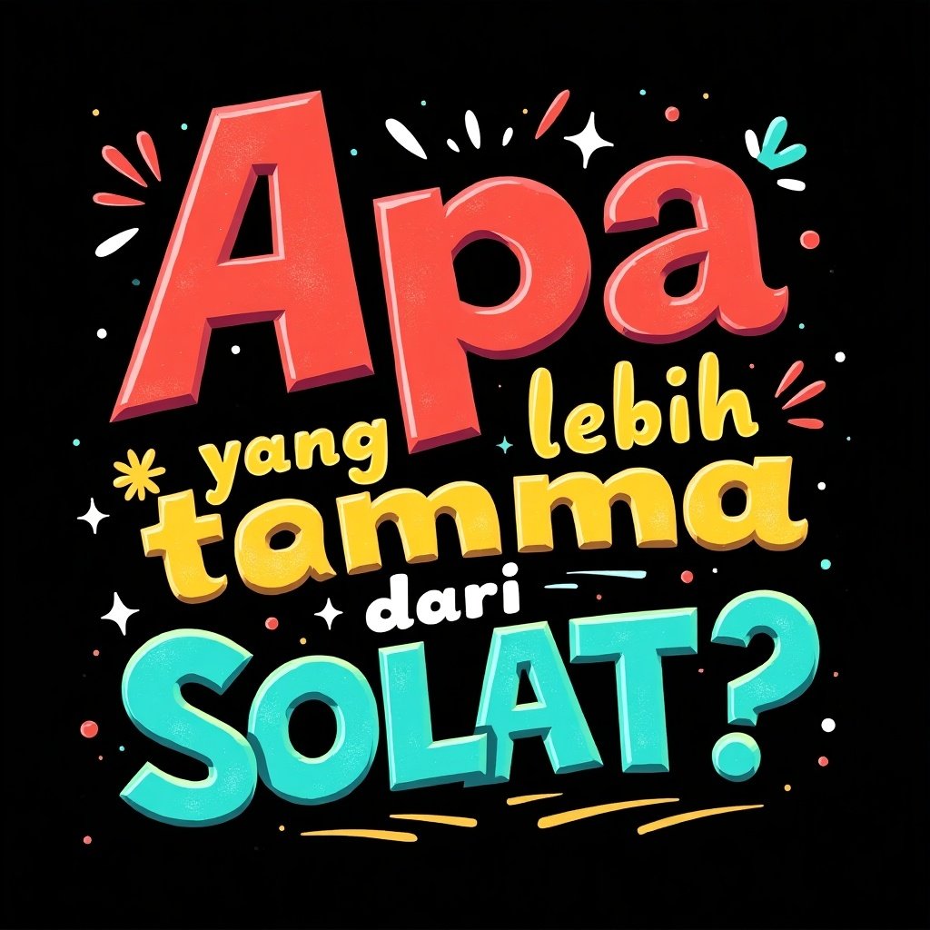 This image features a bold typographic design asking 'Apa yang lebih utama dari SOLAT?'. The letters are large and vibrant, showcasing playful textures. Bright colors like red, yellow, and turquoise are used against a black background. This contrast helps the colors stand out and attract attention. Surrounding the text are decorative elements that add an artistic touch, creating an energetic atmosphere. This design is perfect for various graphic applications.