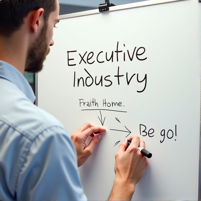 A man writes words and arrows on a whiteboard using a black marker.