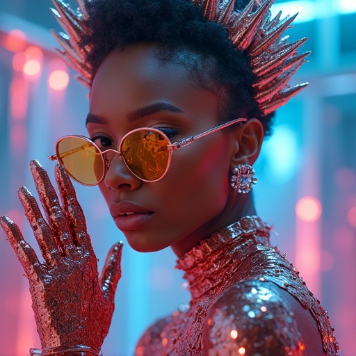 Futuristic avant garde couture displayed by a stylish model. Model wears striking sunglasses and accessories. Background glows with vibrant colors. The atmosphere is luxurious and artful, capturing a sense of alternate reality.