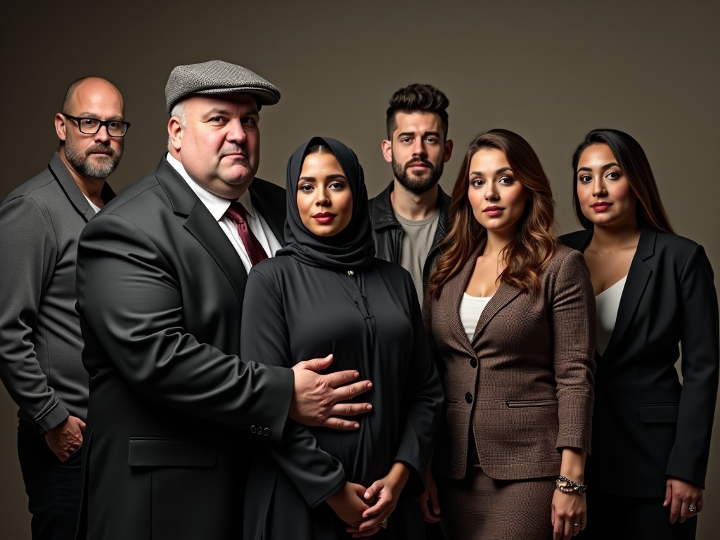 This image showcases a mafia gang led by a husband and wife duo. The husband, a heavyset man in a newsboy hat, stands confidently alongside his wife, who wears a beautiful hijab. They are surrounded by a diverse group of six members, each characterized uniquely. There’s a bespectacled genius, a bald creative thinker, and a handsome, albeit reckless, brave member among the men. The three women include an adventurous beauty, a chatty makeup lover, and a curious plus-sized woman. Together, they pose in a stylish studio setting for a group photo that embodies the essence of their gangster-themed identity.