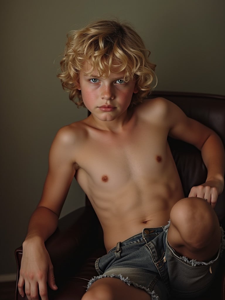 Shirtless dirty blonde boy seated on a chair. The boy is relaxing with one leg bent on the chair. The background is a muted color that complements the subject. The boy's hair is wavy and tousled. The scene captures the essence of youthful vitality and comfort.