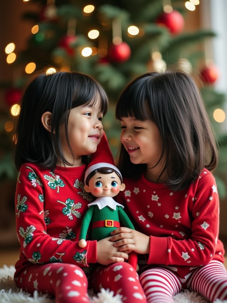 Two girls sit close together by the Christmas tree. They wear matching red Christmas pajamas. Each girl has black shoulder-length hair. They hold a girl scout elf doll together. The scene captures a warm, festive holiday mood.