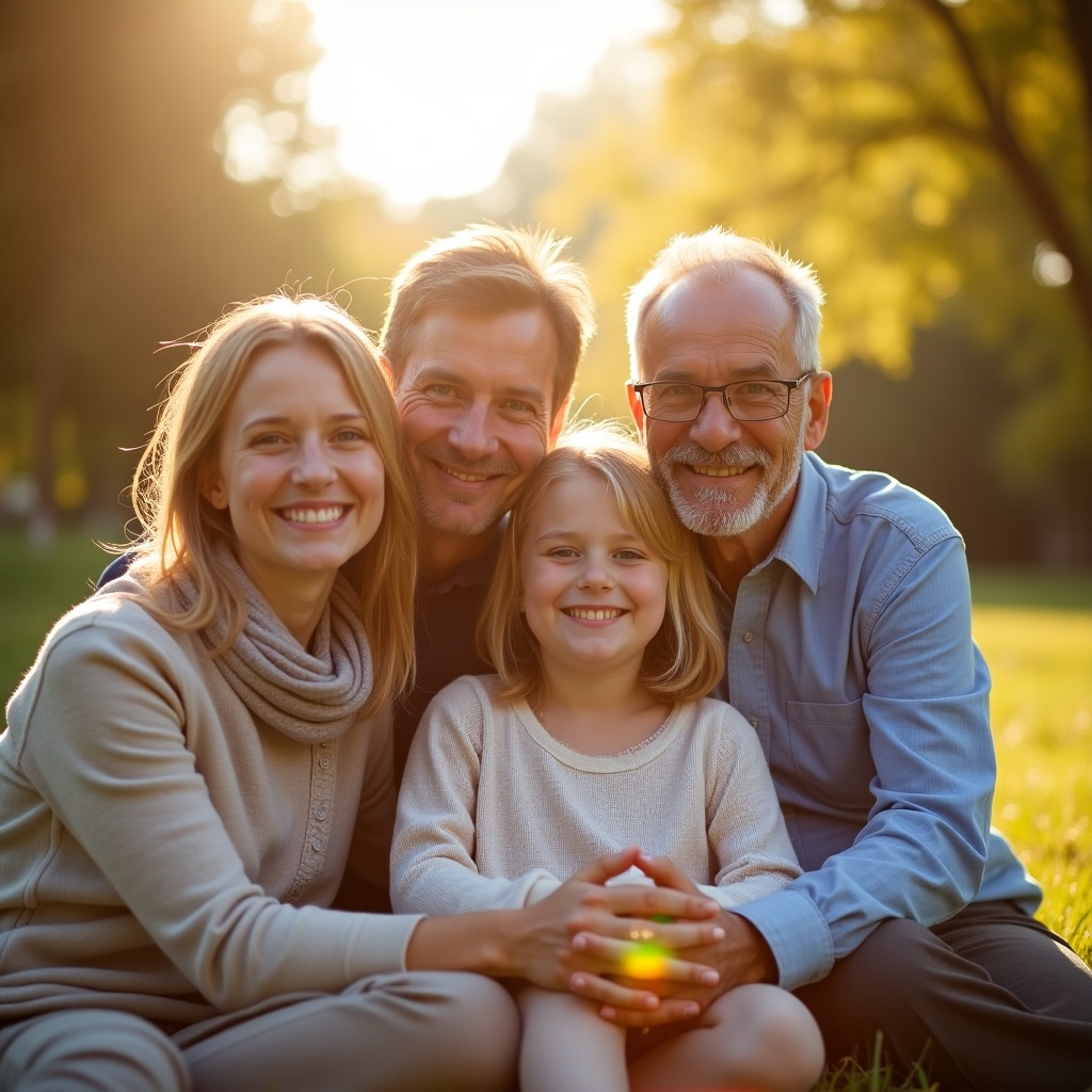 A family enjoys a moment together in a park. The adults and children are smiling and relaxed. Sunlight filters through the trees creating a warm glow around them. The scene conveys a sense of happiness and togetherness.