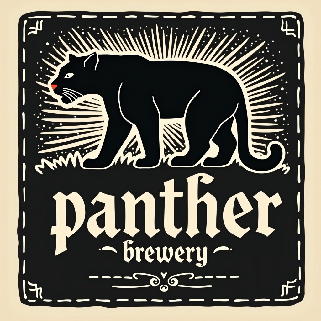 Vector logo for craft beer bottle label. Features black panther silhouette. Simple shapes and lines. Black and white color scheme. Old English traditional folk art style. Words 'panther brewery' in swirling serif typeface.