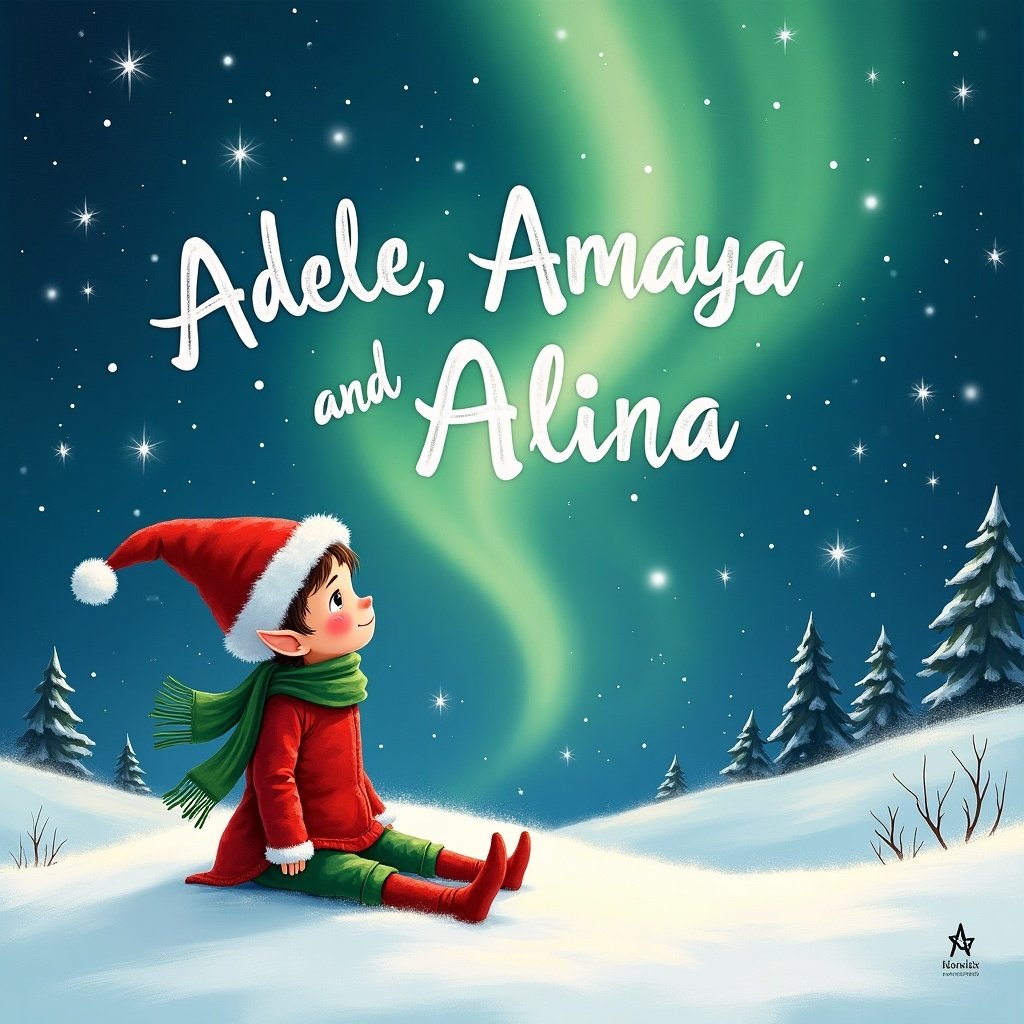 This whimsical image features an elf sitting in the snow, gazing up at the sky. The northern lights dance beautifully above, illuminating the snowy landscape. In the sky, the names Adele, Amaya, and Alina are written in a playful, festive font. The scene captures the magic of Christmas, combining holiday charm with a sense of wonder. This artwork is perfect to evoke the holiday spirit and celebrate family traditions during the festive season.