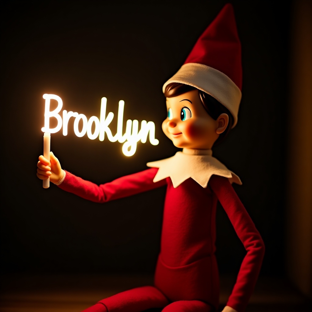 An elf character holds a glow stick saying 'Brooklyn'. The elf wears red and white outfit. The dark background enhances the glow. The image has a festive and warm atmosphere. It brings out Christmas joy.