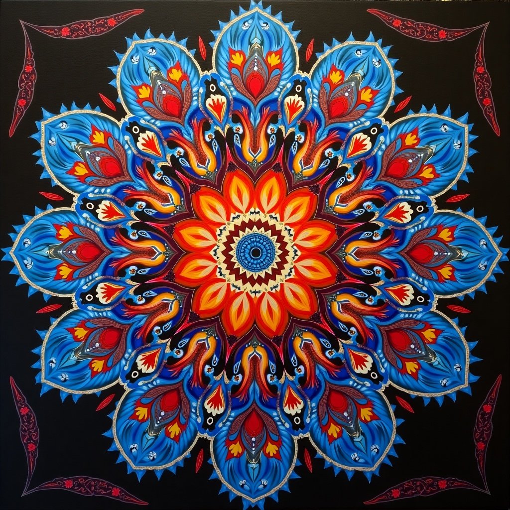 Colorful mandala artwork featuring floral patterns. Vivid colors with intricate details. Dark background enhances the visual appeal.