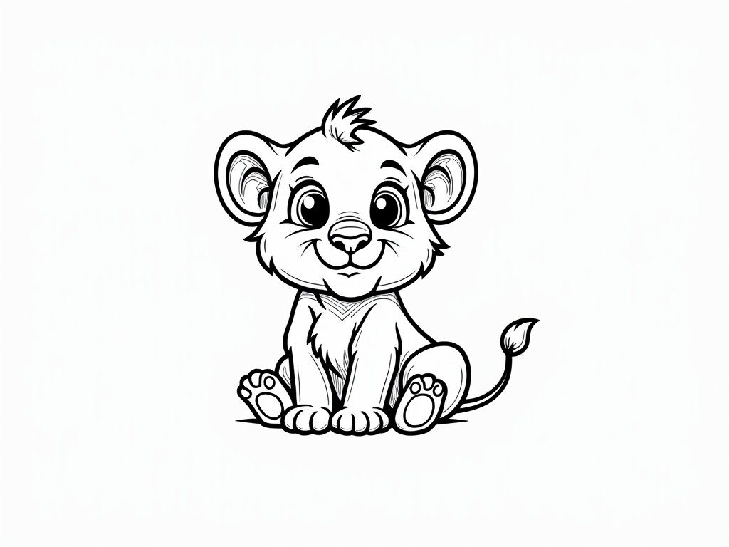 A delightful black and white illustration of a cute lion cub sitting calmly, with large expressive eyes and a playful smile. The drawing is simple yet captures the innocence and charm of the young animal, accentuated by its soft, rounded features and stylized proportions.