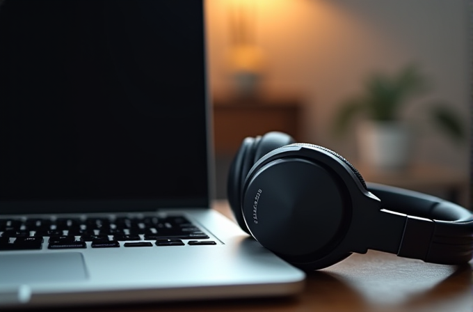 A pair of black headphones rests on a wooden desk beside an open laptop, with a blurred background featuring a glowing lamp and a potted plant.