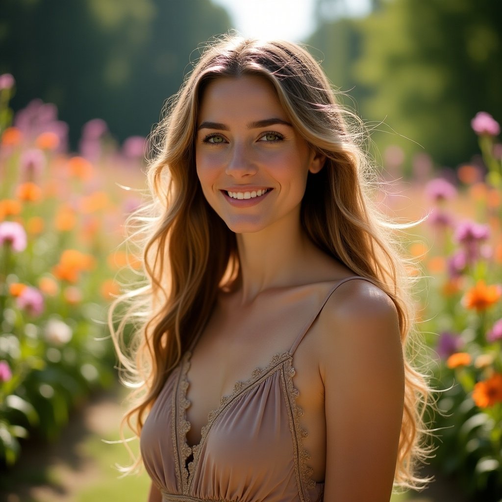 A woman standing in a field of flowers wearing a sleeveless dress. Beautiful outdoor setting with soft lighting.