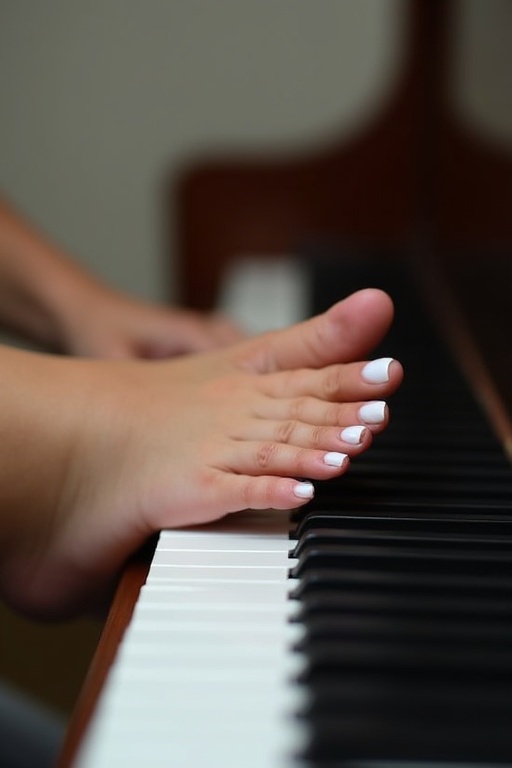 Young woman plays piano using feet. Feet are positioned over black and white piano keys. White toenail polish is visible. The scene captures a side view of this unique playing style.