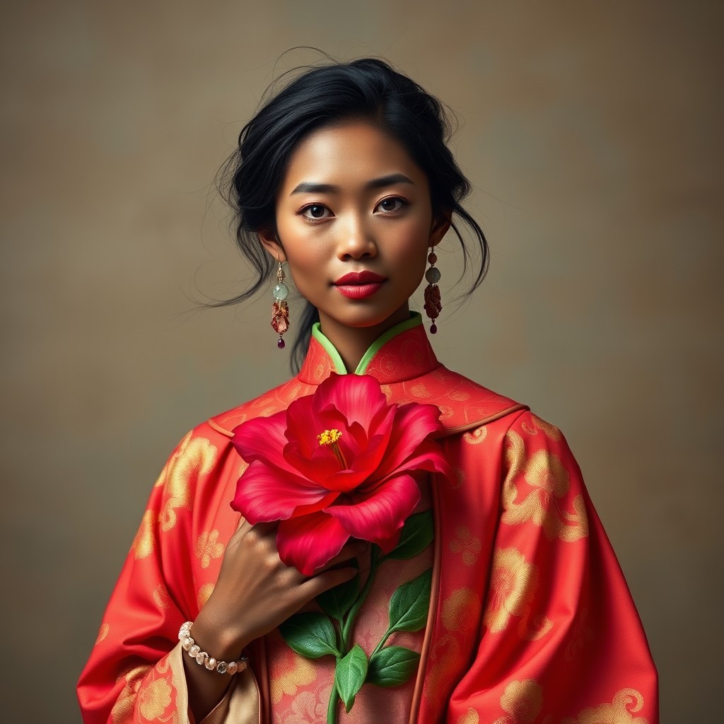 A woman in a traditional red dress holds a vibrant flower, exuding grace and elegance.