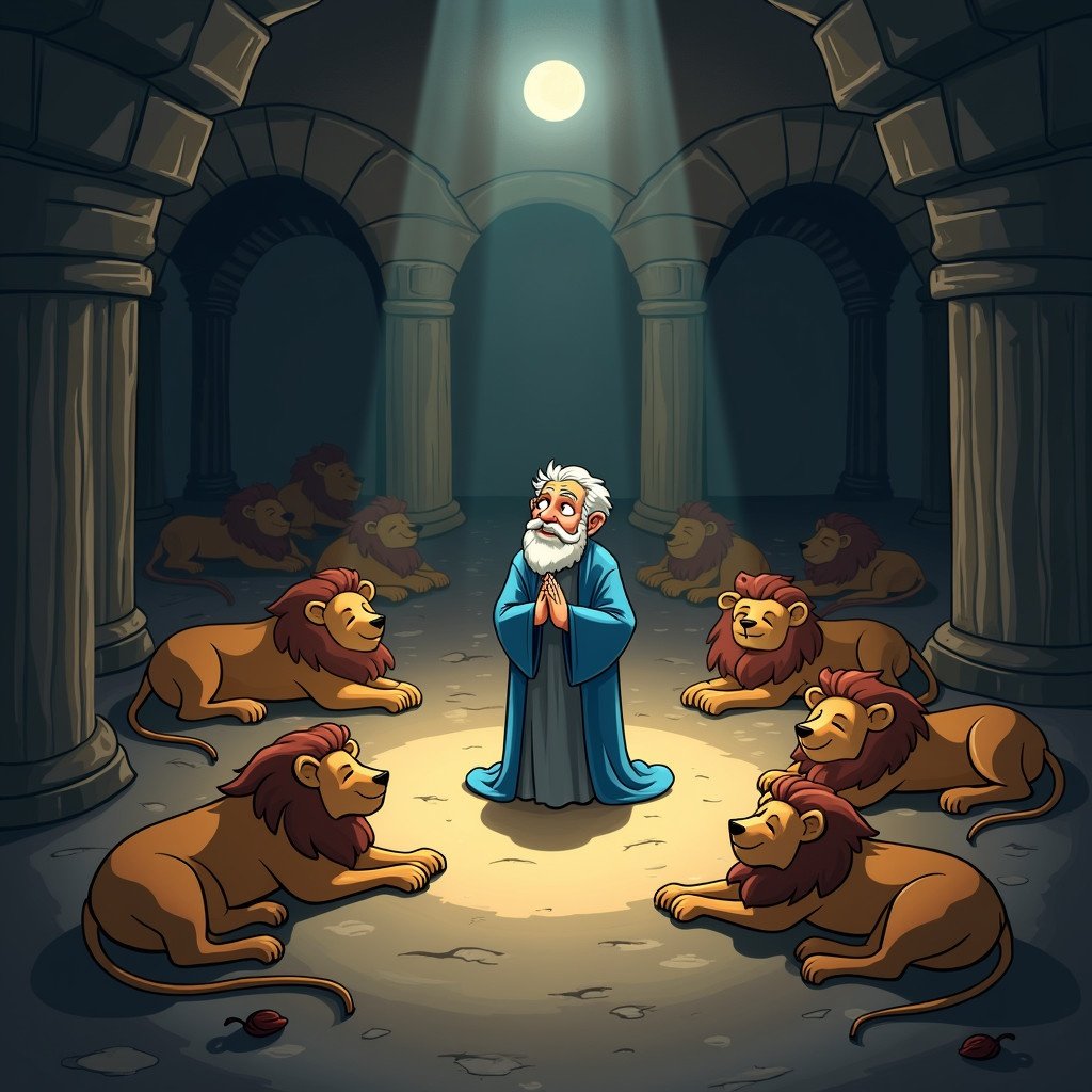 Ancient Babylonian setting with artistic lighting. Elevated perspective looking down. A cartoon illustration depicts a calm old man wearing blue robes. The man is sitting in the lions den with hands clasped in prayer. Cartoon lions are resting nearby with closed eyes. The scene is softly lit by moonlight shining through a crack above the den.