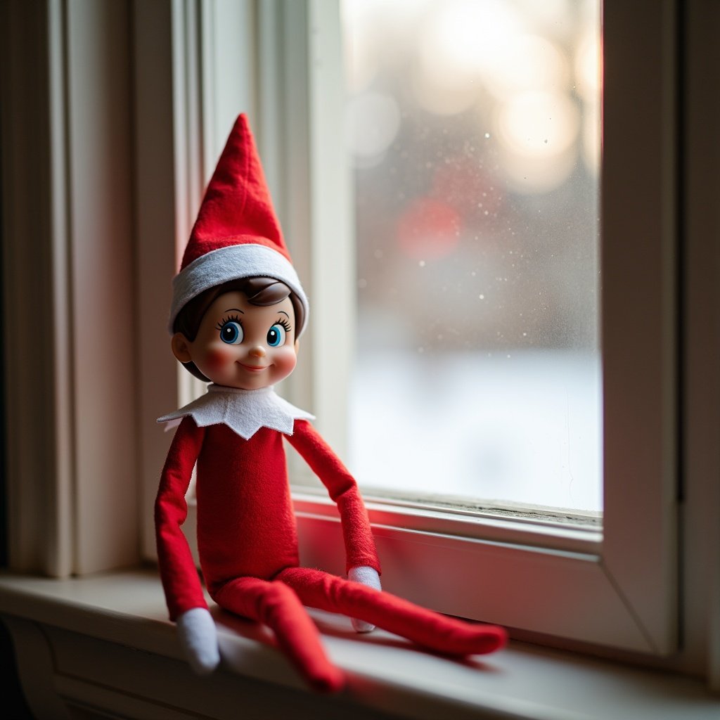 The image features a female Elf on the Shelf doll sitting on a windowsill. The elf, dressed in a red outfit with a white collar, gazes thoughtfully out into the distance. Soft natural light from the outside filters through the window, illuminating the elf's friendly face. The setting hints at a cozy home atmosphere, perfect for the holiday season. This scene symbolizes the warmth and magic associated with Christmas traditions.