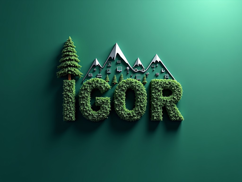 This digital artwork features the word 'IGOR' crafted to resemble lush, green foliage with texture similar to moss or grass. Above the letters, mountain peaks are displayed with icons scattered among them, representing various outdoor activities. A stylized pine tree stands next to the text, reinforcing the connection to nature. The background is a solid green, adding depth and harmony to the composition.