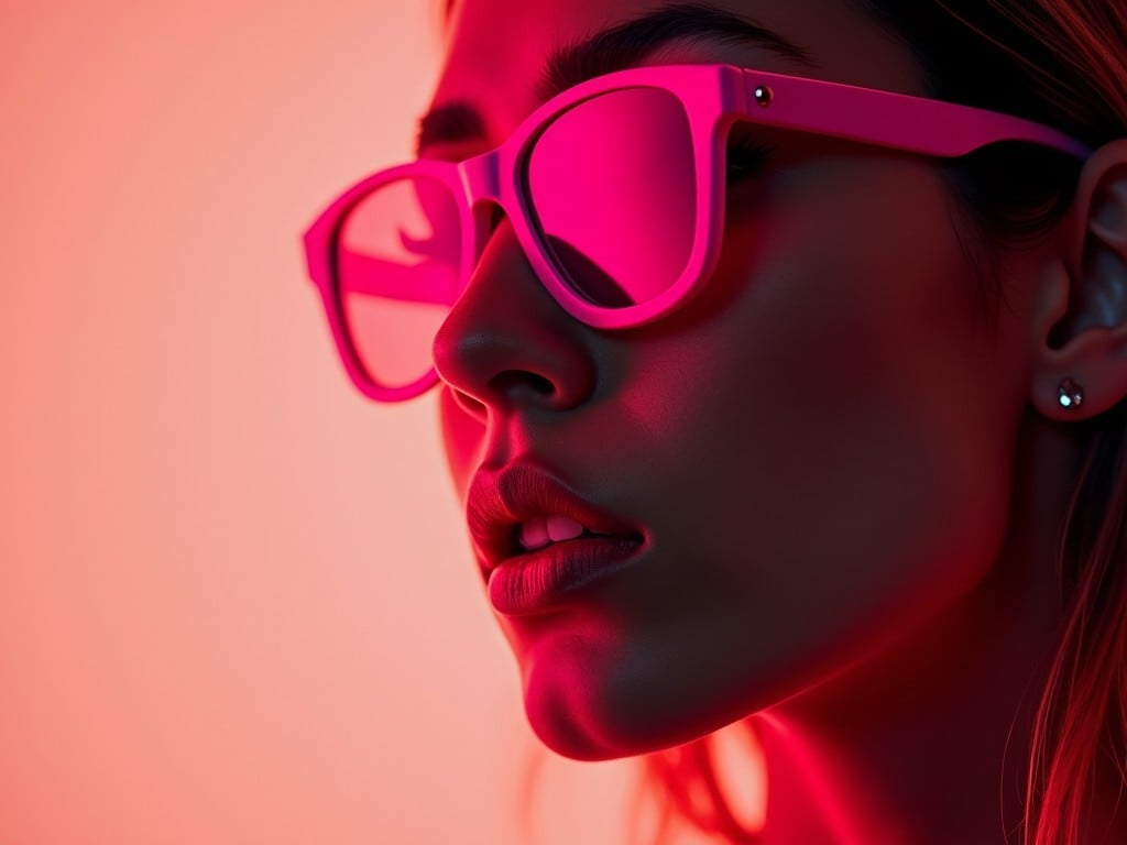 This image features a striking close-up profile of a young woman. She is wearing oversized pink sunglasses that reflect vibrant colors. The background is a gradient of pink and red hues, enhancing the dramatic effect. The lighting casts soft shadows that highlight her facial features. The overall vibe is modern and stylish, attracting attention to the fashion statement being made.